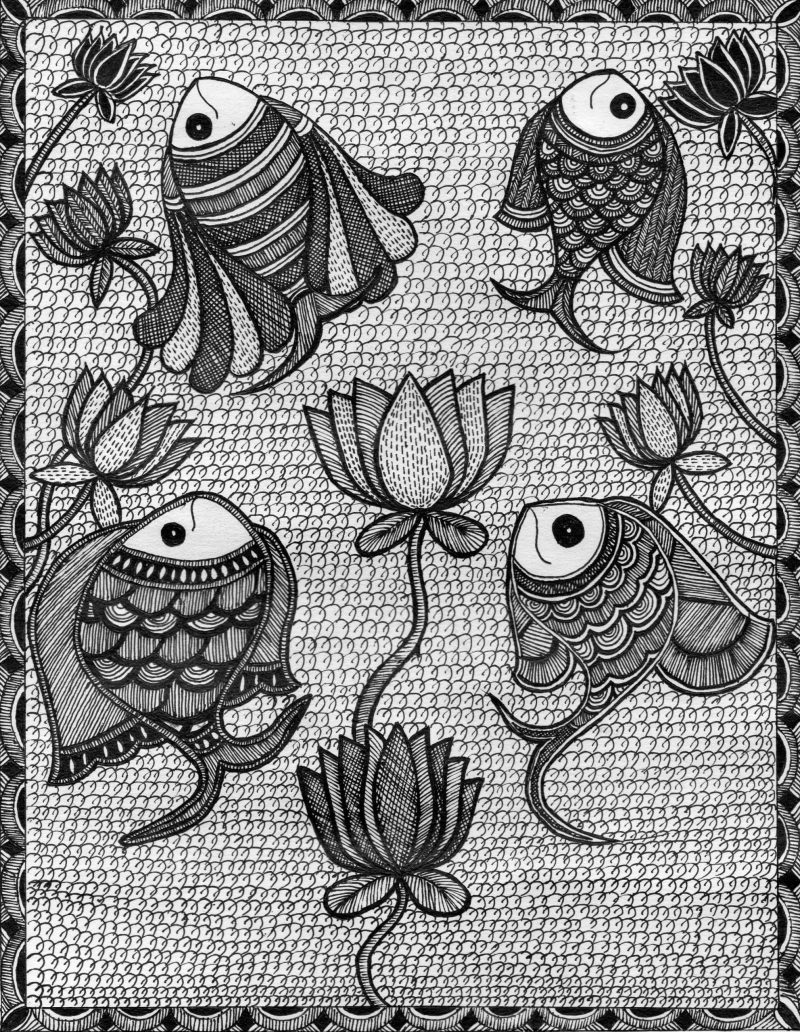 Fish Madhubani Monochrome